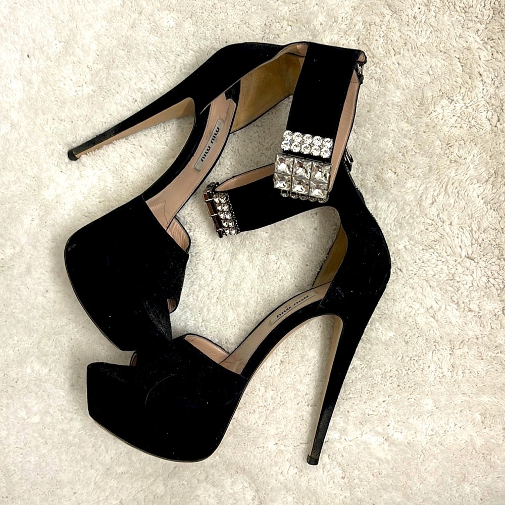 Miu Miu Crystal Ankle Black Suede Platform Sandals